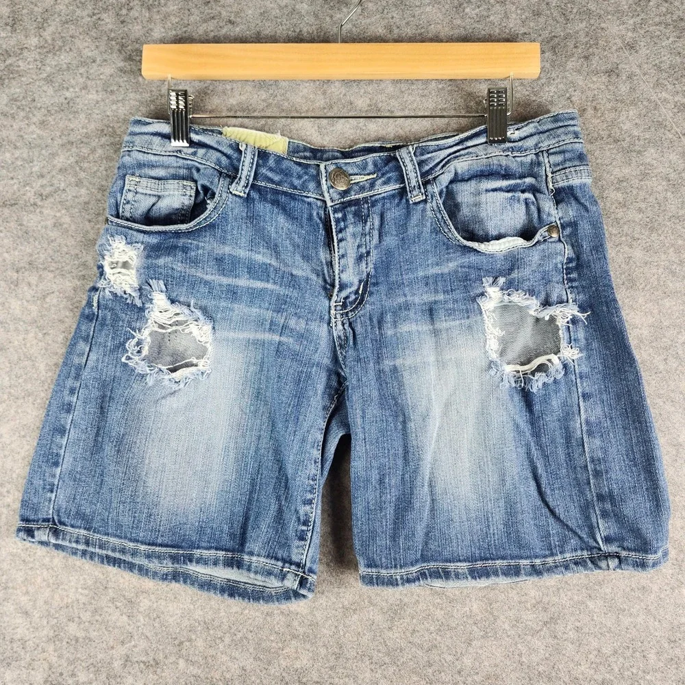 Machine Nouvelle Mode Denim Shorts Womens 30 Blue Distressed Ripped Bermuda 7 in